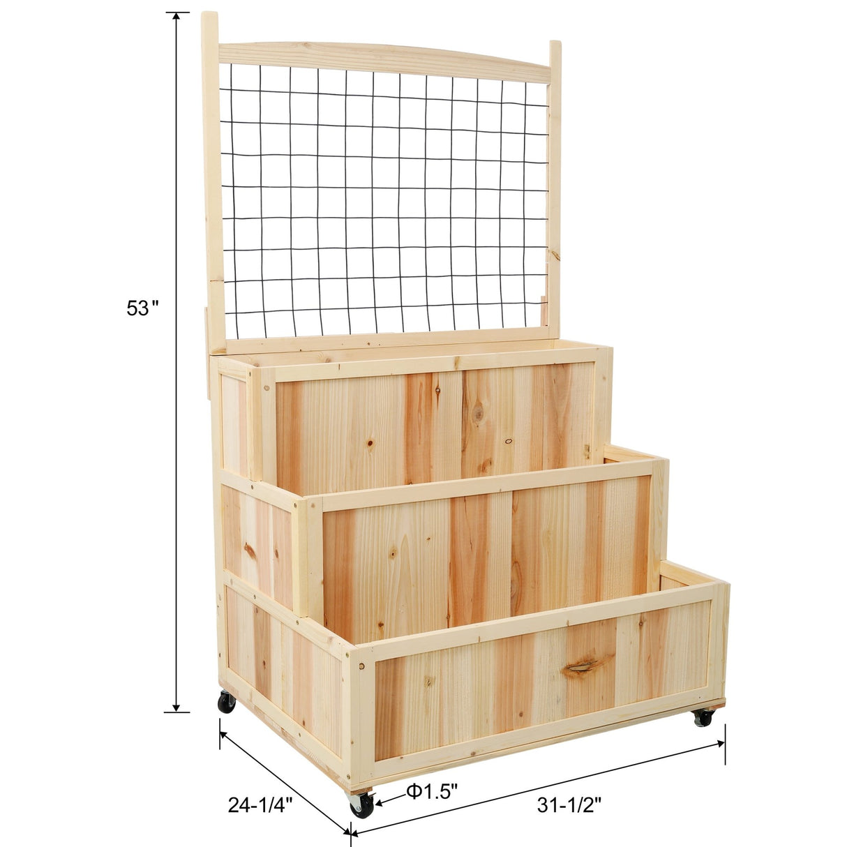 3 - Tiers Raised Garden Bed with Trellis 53" H Vertical Planter Box with Wheels & Back Storage Area for Flowers Vegetables Herbs Natural - Fab Heavy Parts