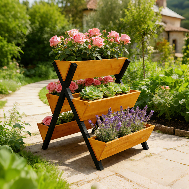 3 Tiers Wooden Vertical Raised Garden Bed with Legs Brown Planter Raised Beds Kit for Flowers Herbs Vegetables - Fab Heavy Parts