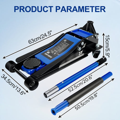 3 Ton 6600lbs Low Profile Floor Jack Dual Piston Quick Lift Pump Lifting Range 75mm/2.95" - 460mm/18.11" - Blue - Fab Heavy Parts