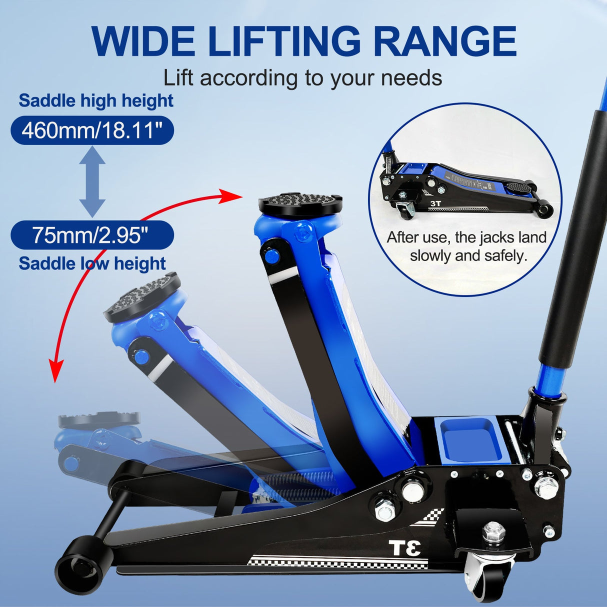 3 Ton 6600lbs Low Profile Floor Jack Dual Piston Quick Lift Pump Lifting Range 75mm/2.95" - 460mm/18.11" - Blue - Fab Heavy Parts