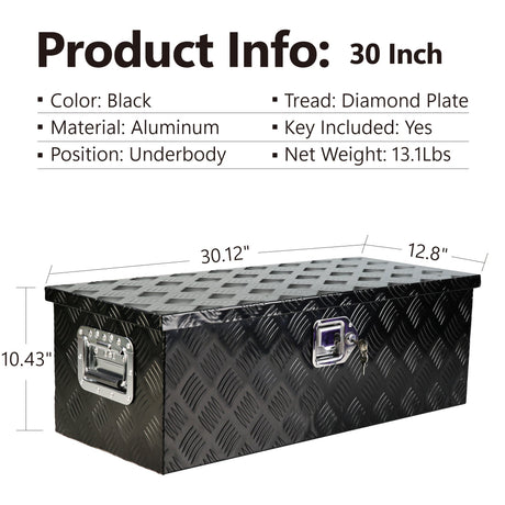 30 Inch Truck Box Heavy Duty Black Aluminum 5 Bar Tread Tool Long Box with Lock Keys 30.1"×12.8"×10.4" - Fab Heavy Parts