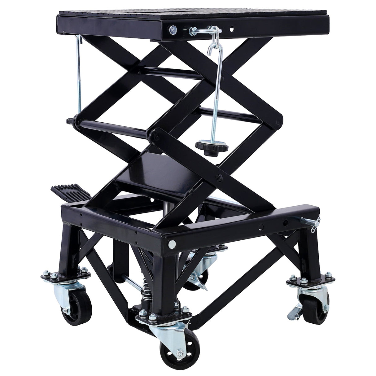 300 lbs Hydraulic Motorcycle Scissor Jack Lift Foot Step Wheels - Black - Fab Heavy Parts