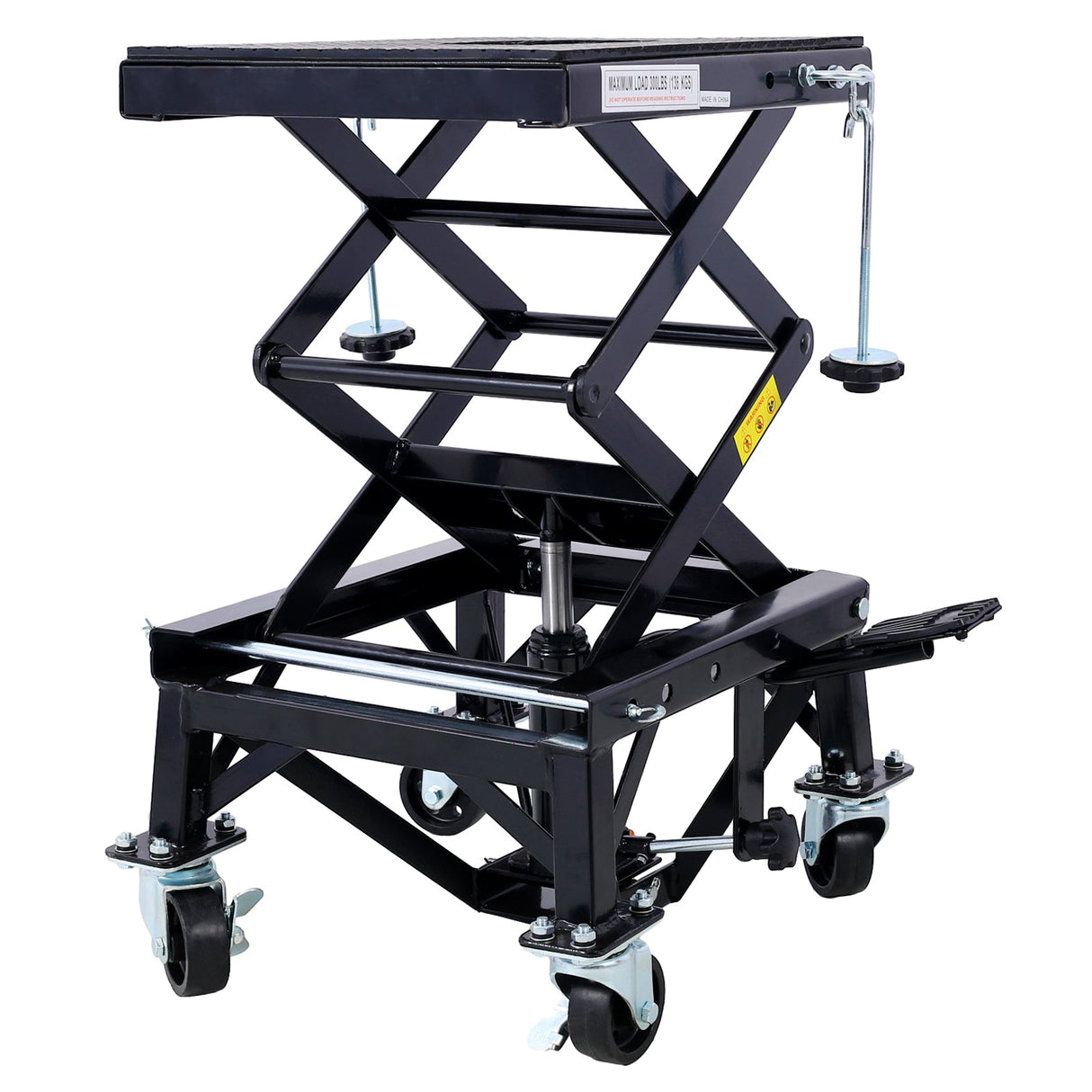300 lbs Hydraulic Motorcycle Scissor Jack Lift Foot Step Wheels - Black - Fab Heavy Parts