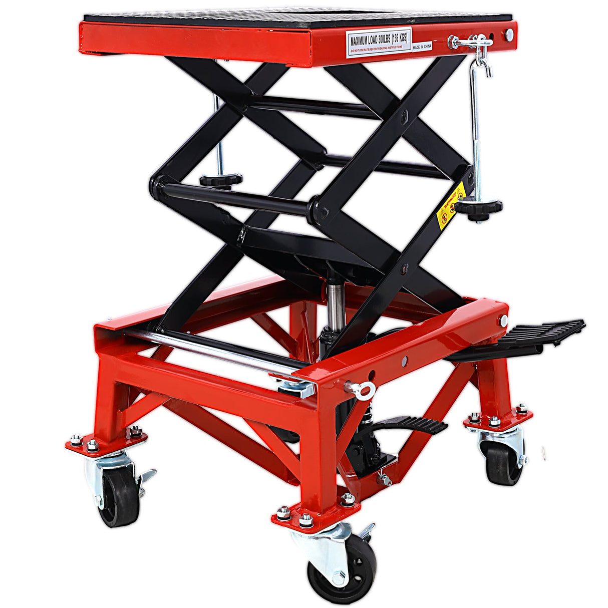 300 lbs Hydraulic Motorcycle Scissor Jack Lift Foot Step Wheels - Red - Fab Heavy Parts