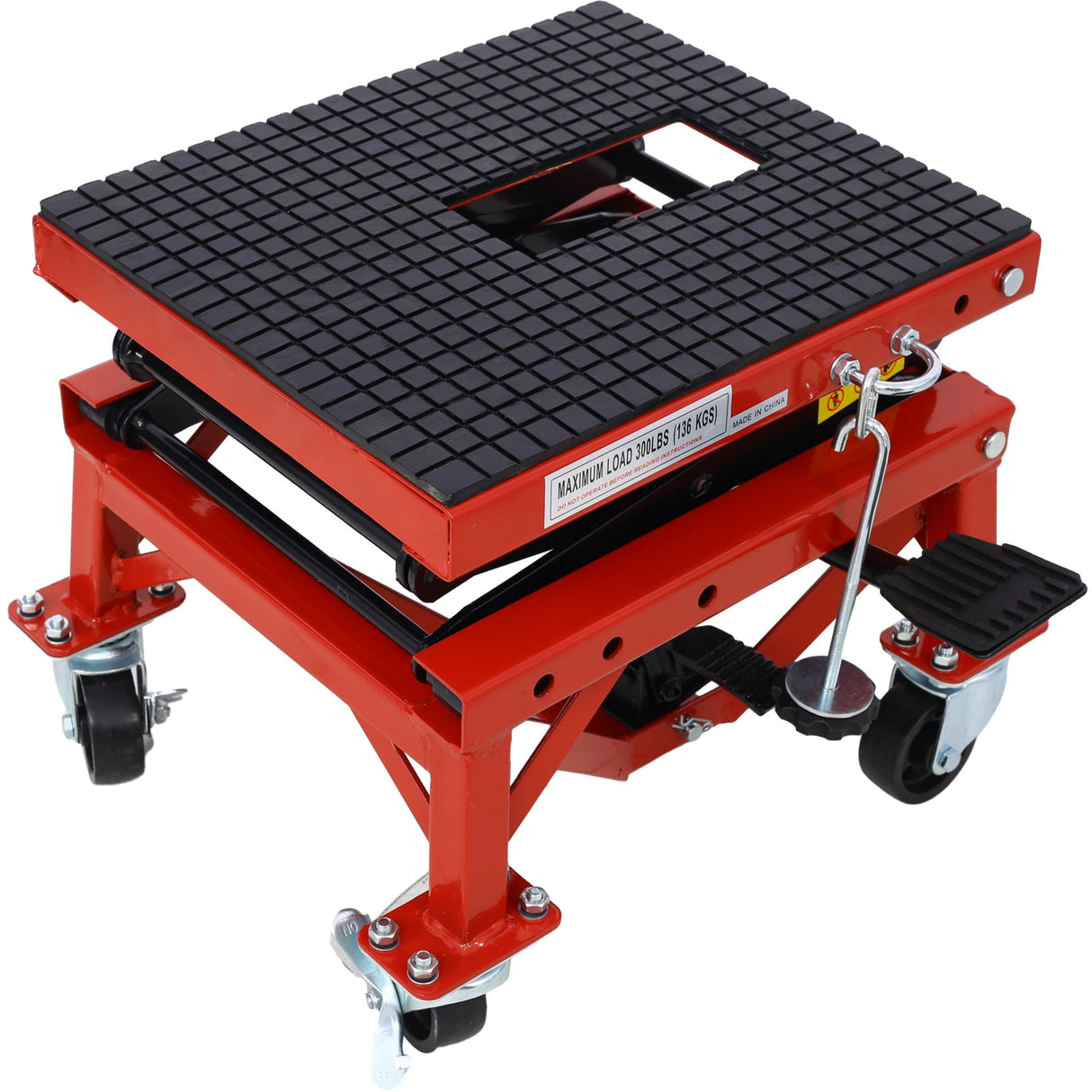 300 lbs Hydraulic Motorcycle Scissor Jack Lift Foot Step Wheels - Red - Fab Heavy Parts