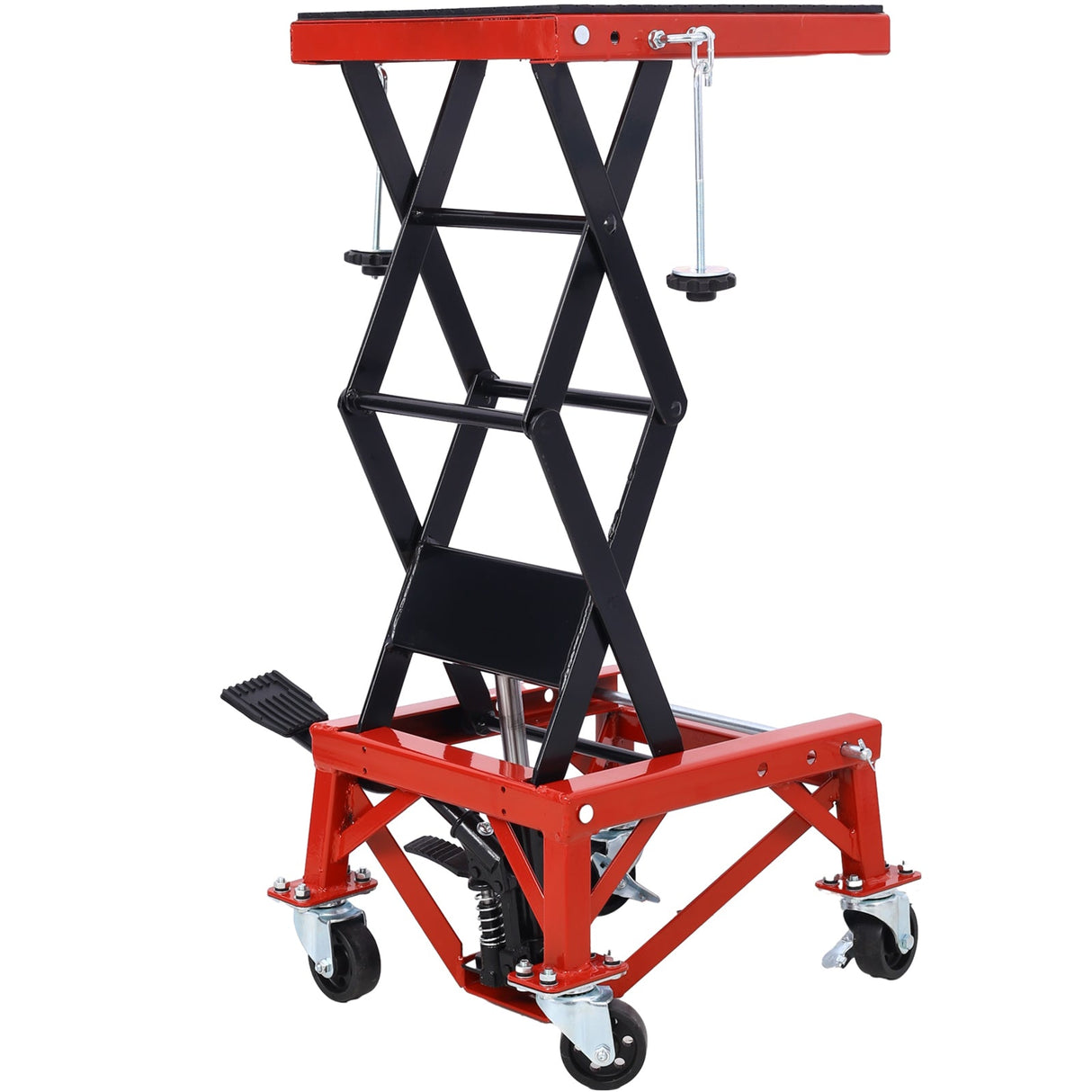 300 lbs Hydraulic Motorcycle Scissor Jack Lift Foot Step Wheels - Red - Fab Heavy Parts