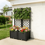 31.5" x 15.7" x 53.5" Poly Rattan Trellis Raised Bed with Drainage Plug 2 Removable Pots with Large Flower Boxes Built - in Support for Climbing Plants Outdoor Patio Garden Decoration - Brown - Fab Heavy Parts