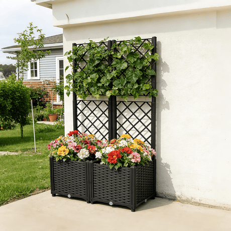 31.5" x 15.7" x 53.5" Poly Rattan Trellis Raised Bed with Drainage Plug 2 Removable Pots with Large Flower Boxes Built - in Support for Climbing Plants Outdoor Patio Garden Decoration - Brown - Fab Heavy Parts