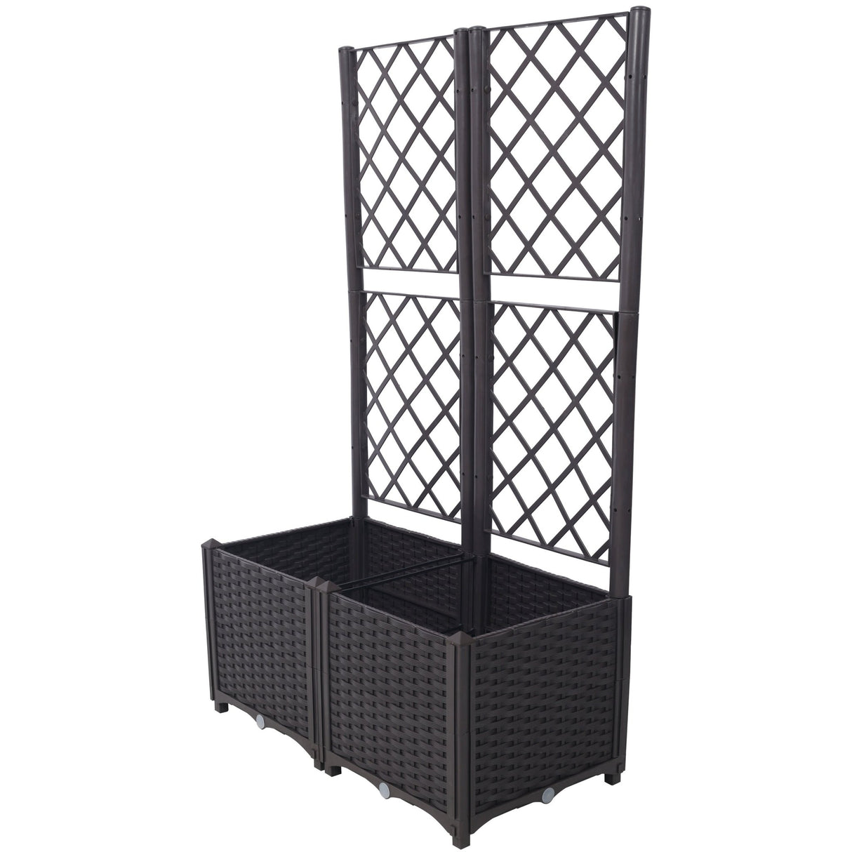 31.5" x 15.7" x 53.5" Poly Rattan Trellis Raised Bed with Drainage Plug 2 Removable Pots with Large Flower Boxes Built - in Support for Climbing Plants Outdoor Patio Garden Decoration - Brown - Fab Heavy Parts