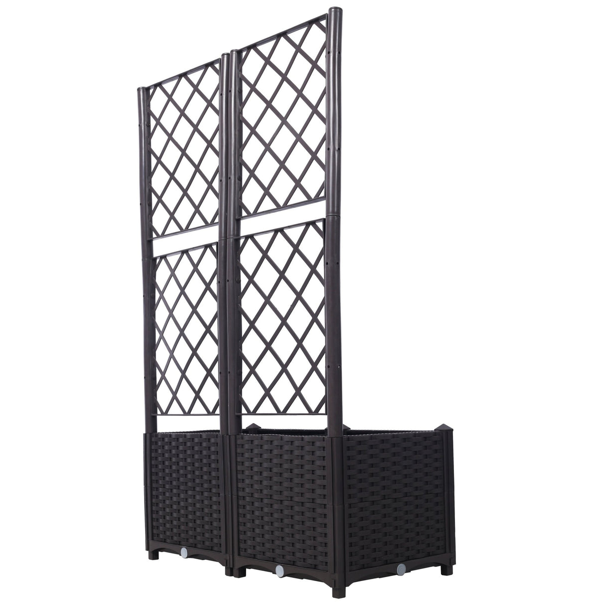 31.5" x 15.7" x 53.5" Poly Rattan Trellis Raised Bed with Drainage Plug 2 Removable Pots with Large Flower Boxes Built - in Support for Climbing Plants Outdoor Patio Garden Decoration - Brown - Fab Heavy Parts