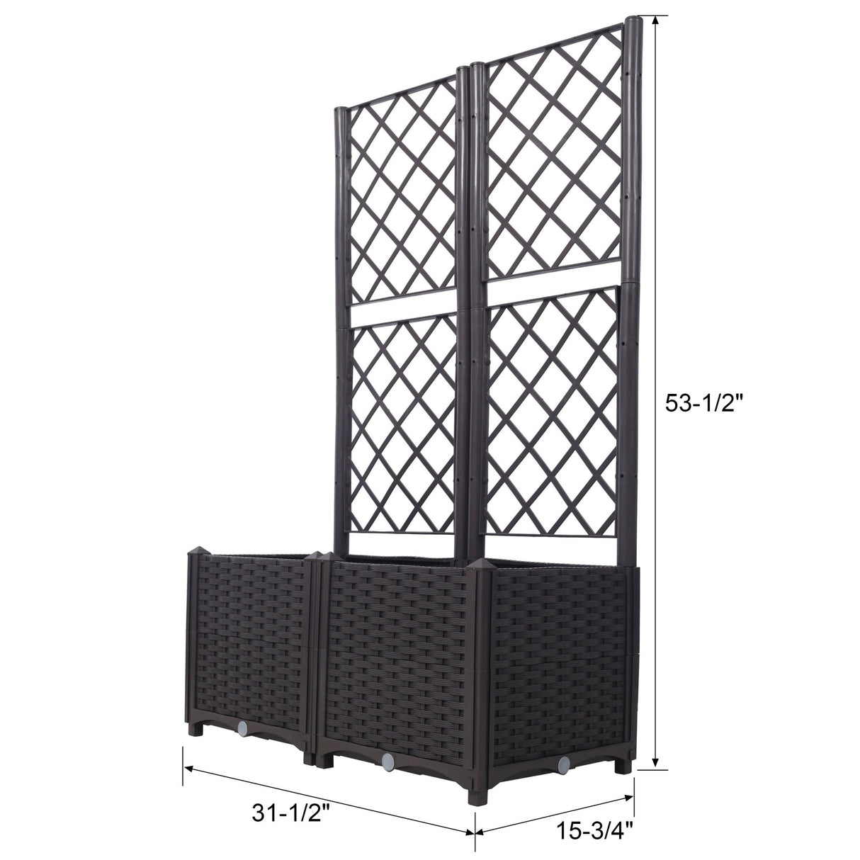 31.5" x 15.7" x 53.5" Poly Rattan Trellis Raised Bed with Drainage Plug 2 Removable Pots with Large Flower Boxes Built - in Support for Climbing Plants Outdoor Patio Garden Decoration - Brown - Fab Heavy Parts