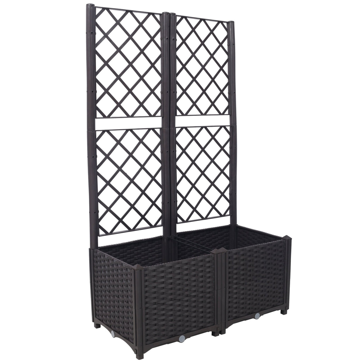 31.5" x 15.7" x 53.5" Poly Rattan Trellis Raised Bed with Drainage Plug 2 Removable Pots with Large Flower Boxes Built - in Support for Climbing Plants Outdoor Patio Garden Decoration - Brown - Fab Heavy Parts