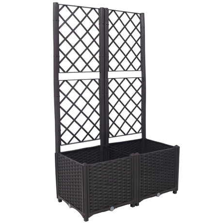 31.5" x 15.7" x 53.5" Poly Rattan Trellis Raised Bed with Drainage Plug 2 Removable Pots with Large Flower Boxes Built - in Support for Climbing Plants Outdoor Patio Garden Decoration - Brown - Fab Heavy Parts