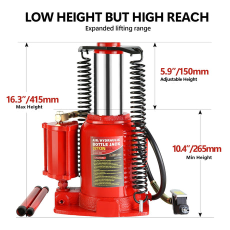 32 - Ton Hydraulic Air - Operated Bottle Jack Lift Portable Low Profile Manual Air with Handle - Fab Heavy Parts