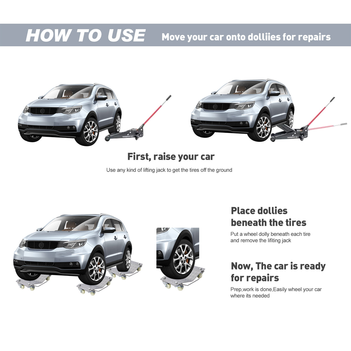 Set of 4 Heavy Duty 4 Tire Wheel Dolly Car Stakes 6000lbs Capacity--Gray