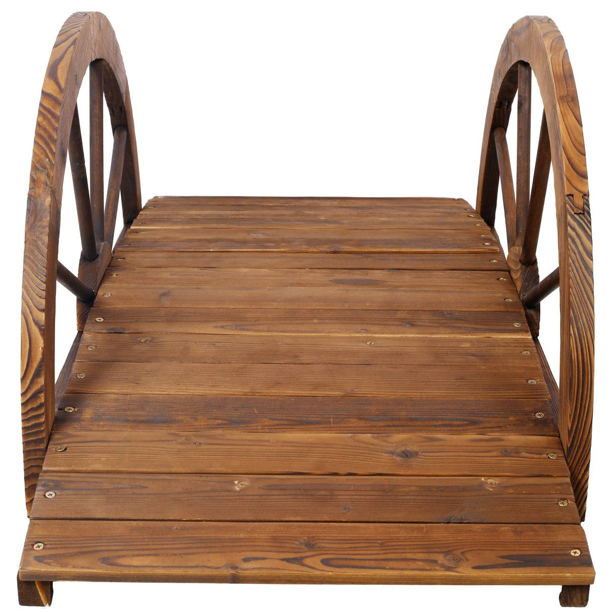 3.3ft Wooden Garden Bridge Arc Footbridge with Half - Wheel Style Railings & Solid Fir Construction Stained Wood - Fab Heavy Parts