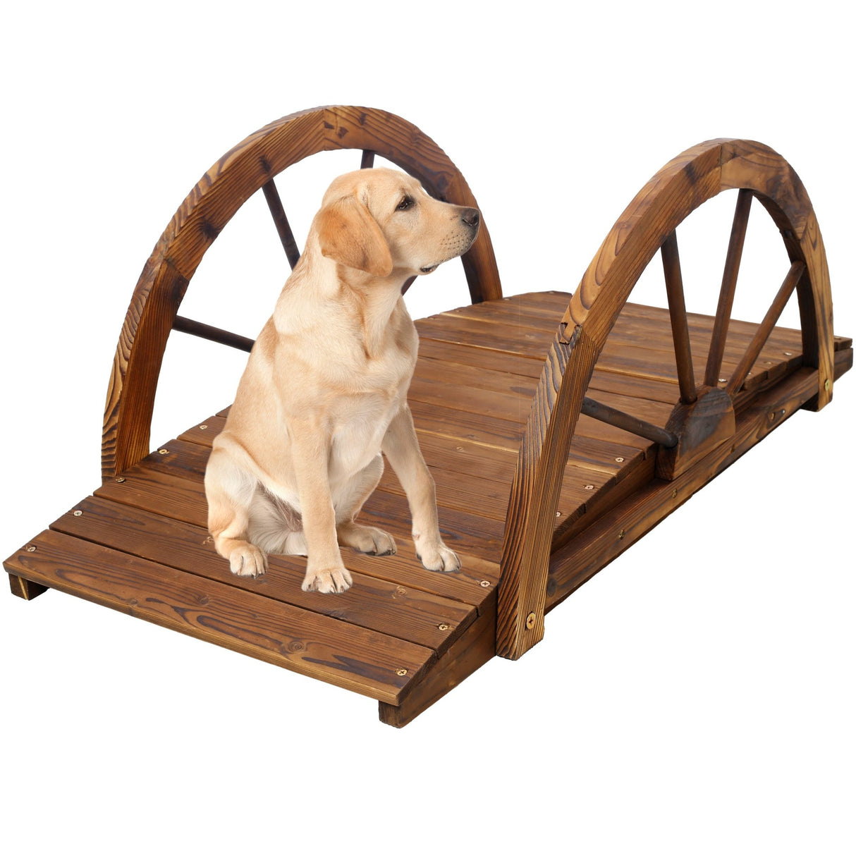 3.3ft Wooden Garden Bridge Arc Footbridge with Half - Wheel Style Railings & Solid Fir Construction Stained Wood - Fab Heavy Parts