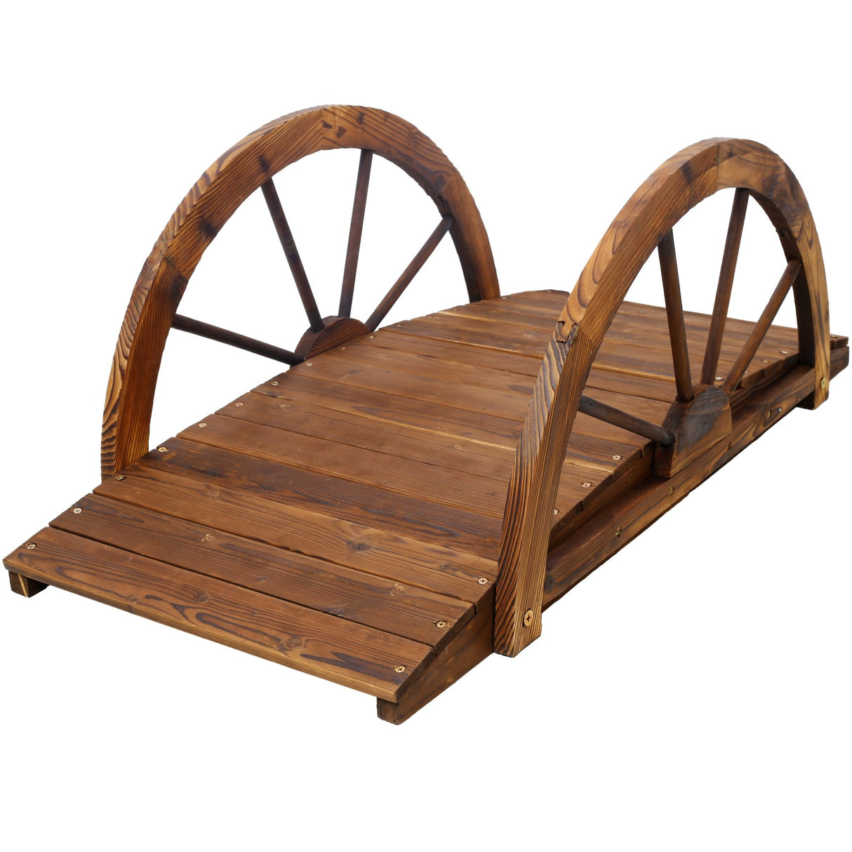 3.3ft Wooden Garden Bridge Arc Footbridge with Half - Wheel Style Railings & Solid Fir Construction Stained Wood - Fab Heavy Parts