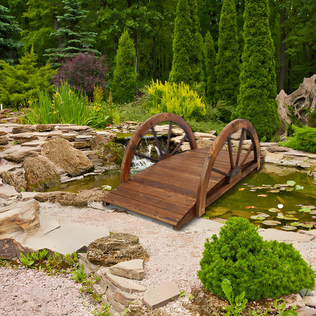 3.3ft Wooden Garden Bridge Arc Footbridge with Half - Wheel Style Railings & Solid Fir Construction Stained Wood - Fab Heavy Parts