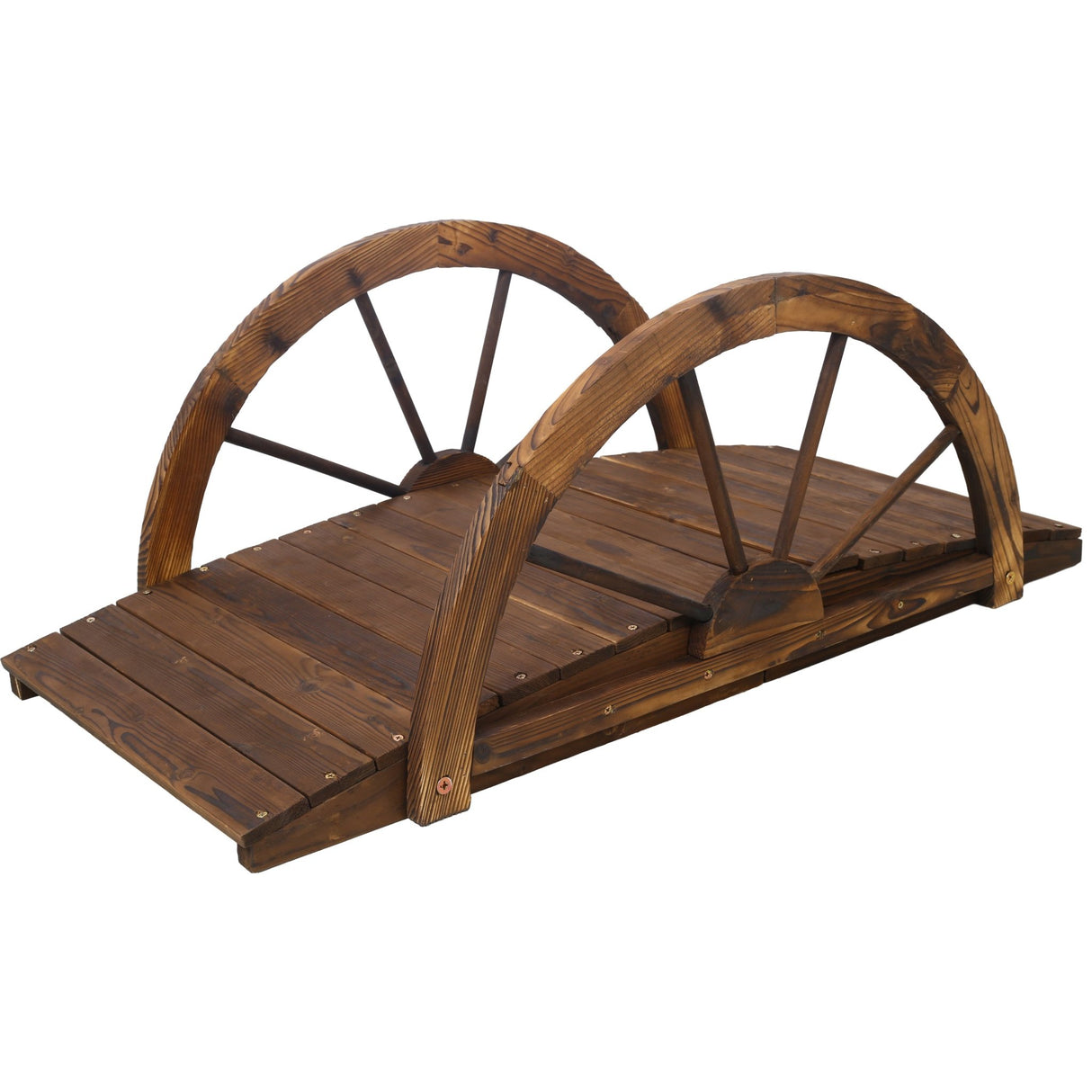 3.3ft Wooden Garden Bridge Arc Footbridge with Half - Wheel Style Railings & Solid Fir Construction Stained Wood - Fab Heavy Parts