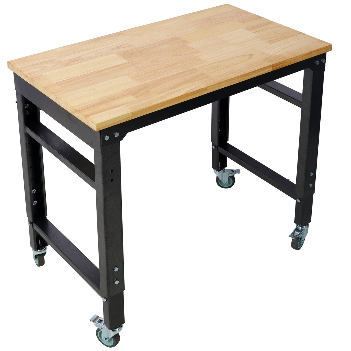 35' Wide Rolling Workbenches with Rubber Wood Top Black Hammertone Leg Adjustable Height Metal - Fab Heavy Parts