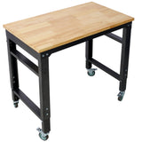 35' Wide Rolling Workbenches with Rubber Wood Top Black Hammertone Leg Adjustable Height Metal - Fab Heavy Parts