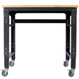 35' Wide Rolling Workbenches with Rubber Wood Top Black Hammertone Leg Adjustable Height Metal - Fab Heavy Parts