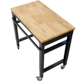 35' Wide Rolling Workbenches with Rubber Wood Top Black Hammertone Leg Adjustable Height Metal - Fab Heavy Parts
