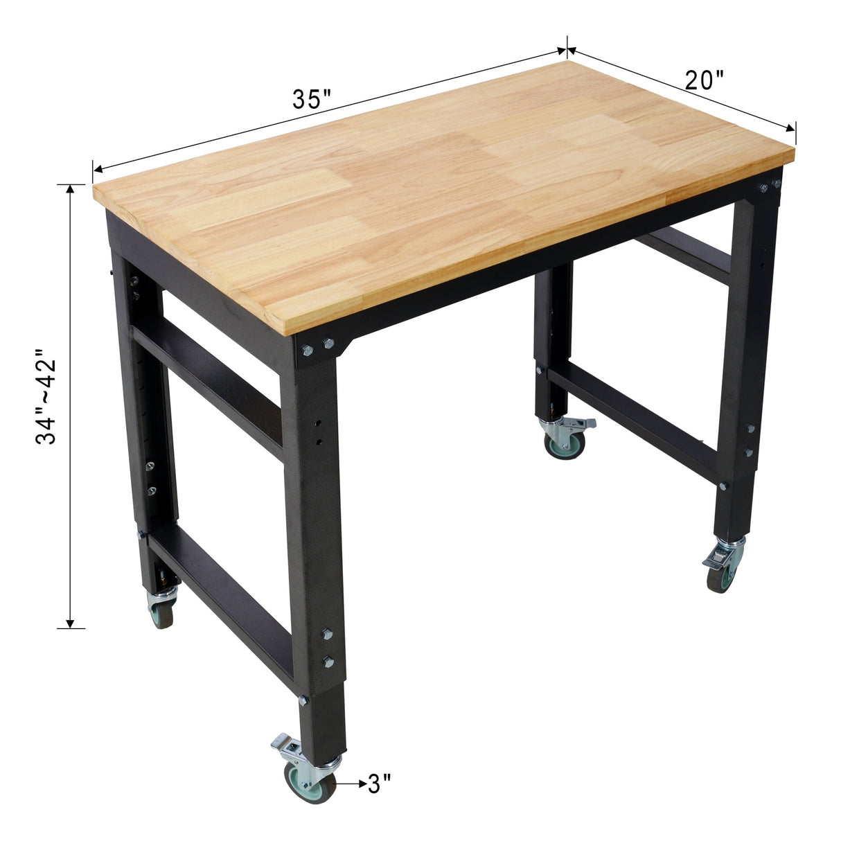 35' Wide Rolling Workbenches with Rubber Wood Top Black Hammertone Leg Adjustable Height Metal - Fab Heavy Parts