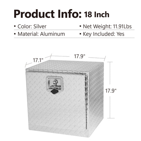 18 Inch Truck Box Heavy Duty Aluminum Diamond Plate Tool Underbody Box Waterproof with T-Handle Lock and Keys Silver