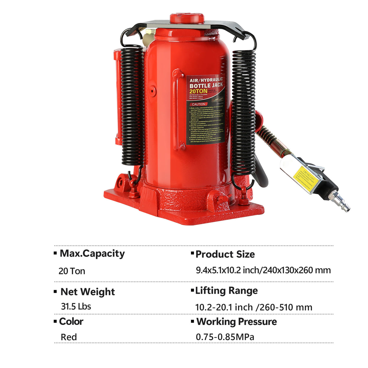 20 Ton Air Hydraulic Bottle Jack with Manual Hand Pump--Red