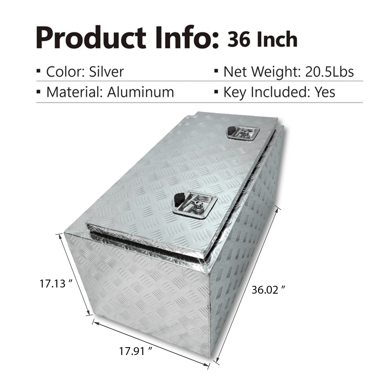 36 Inch Truck Tool Box 36"×17"×18" Heavy Duty Aluminum Silver Tread Tool Box with Locks and T - Handle Latch Key - Fab Heavy Parts