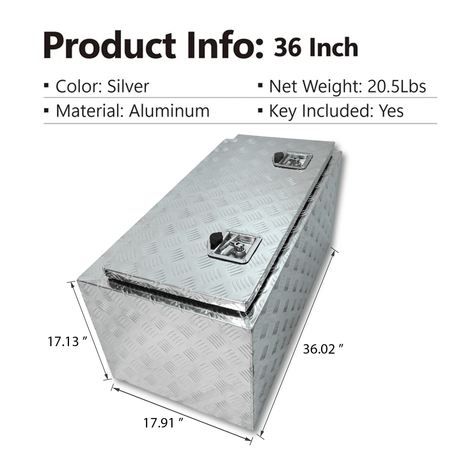 36 Inch Truck Tool Box 36"×17"×18" Heavy Duty Aluminum Silver Tread Tool Box with Locks and T - Handle Latch Key - Fab Heavy Parts