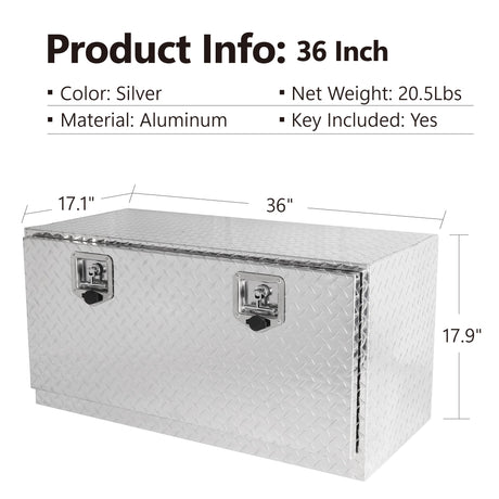 36 Inch Truck Tool Box 36"×17"×18" Heavy Duty Aluminum Silver Tread Tool Box with Locks and T - Handle Latch Key - Fab Heavy Parts