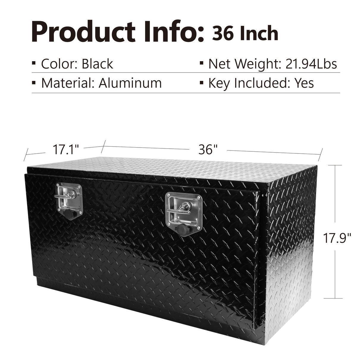 36 Inch Truck Tool Box 36"×17"×18" Heavy Duty Black Aluminum Tread Tool Box with Locks T - Handle Latch Key - Fab Heavy Parts