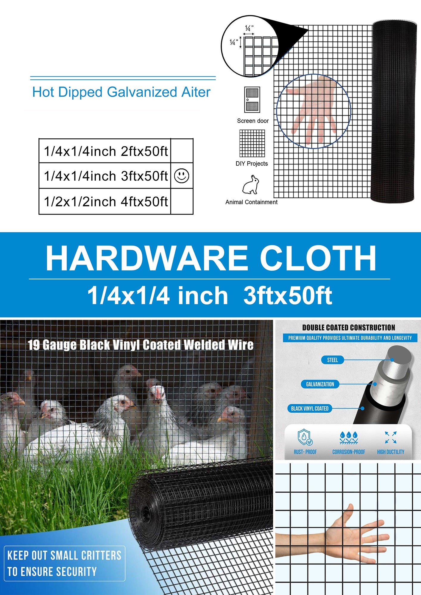 36 inch×50 ft Black Vinyl Coated Hardware Cloth 19 Gauge 1/4 inch PVC Welded Wire Fence Steel - Fab Heavy Parts