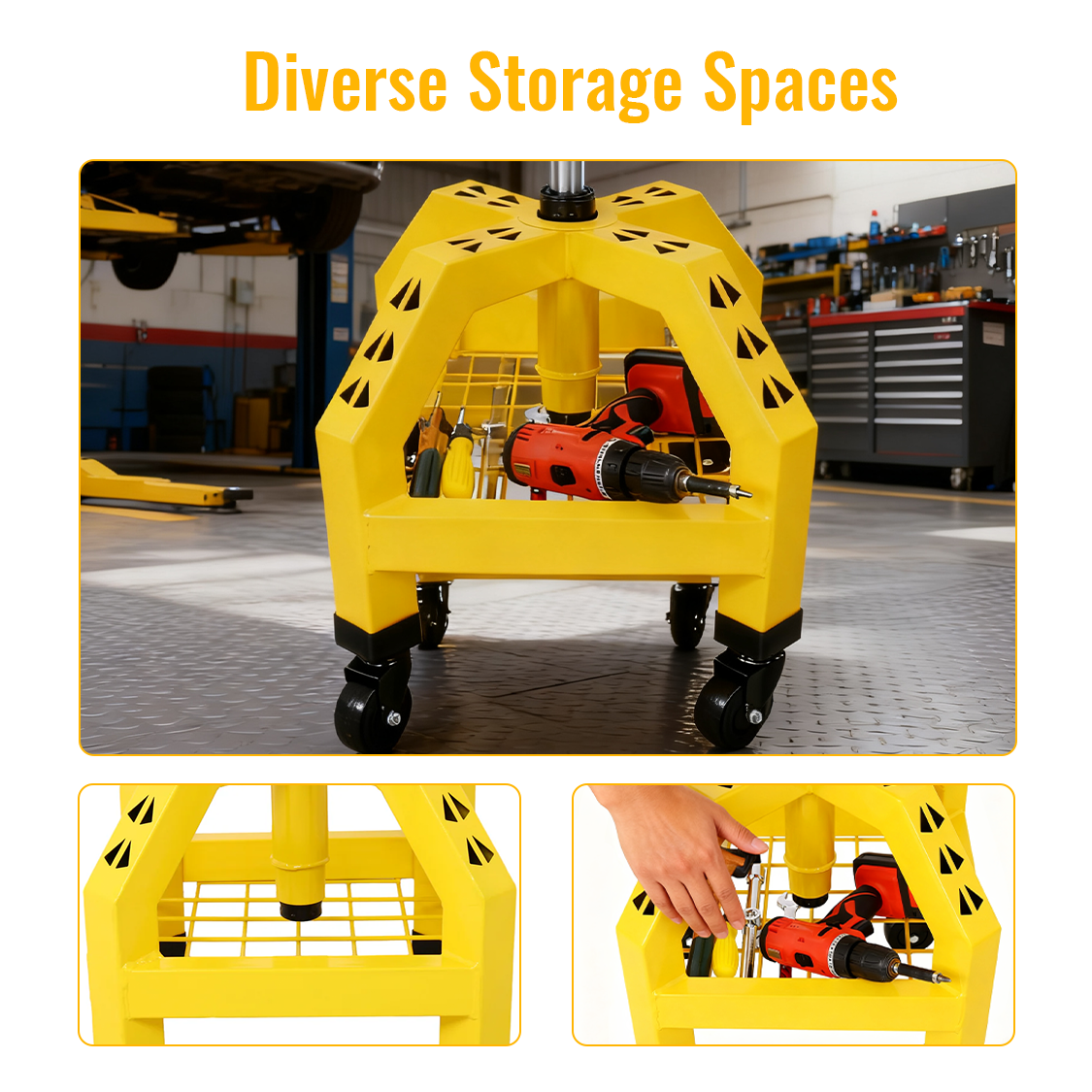 Pneumatic 360 Degree Swivel Stool Mechanics Rolling Creeper Seat Heavy Duty Shop with Casters Yellow 300 lbs Capacity