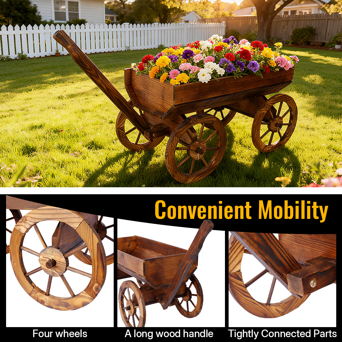 Wood Wagon Flower Planter Pot Stand w/ wheels-茶色