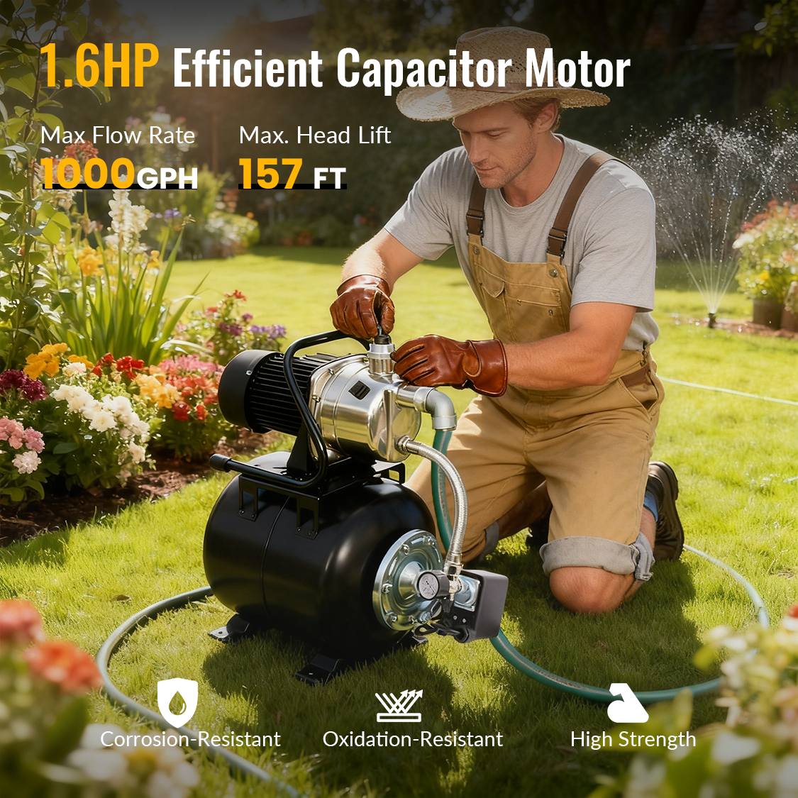 1.6HP Shallow Well Pump with Pressure Tank Garden Water Pump Irrigation Pump Automatic Stainless Steel Head