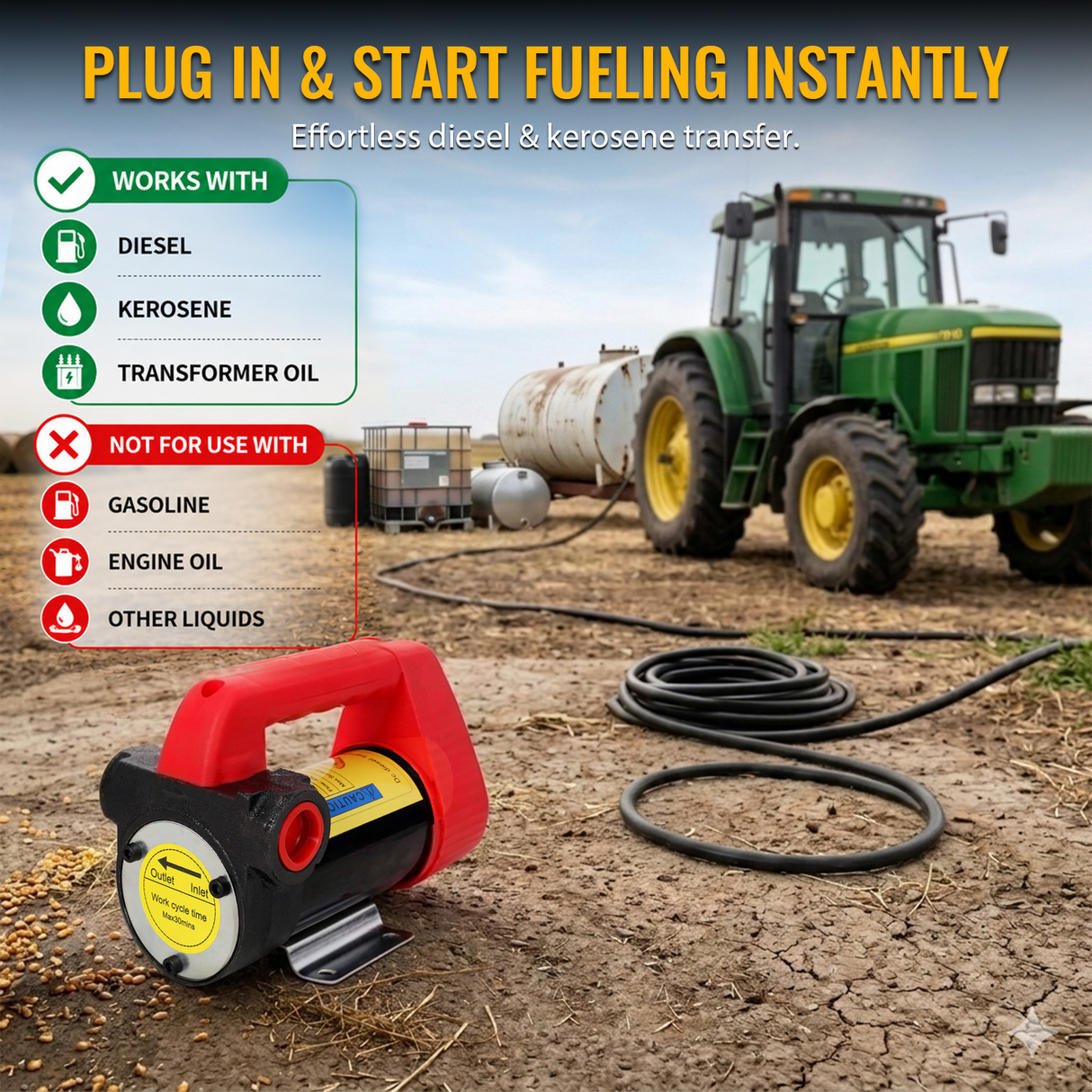 12V DC Portable Self-Priming Diesel Transfer Pump Electric Fuel Extractor with Auto Shut-off Nozzle & Hose Suitable for Diesel Kerosene Machinery Transformer Oil