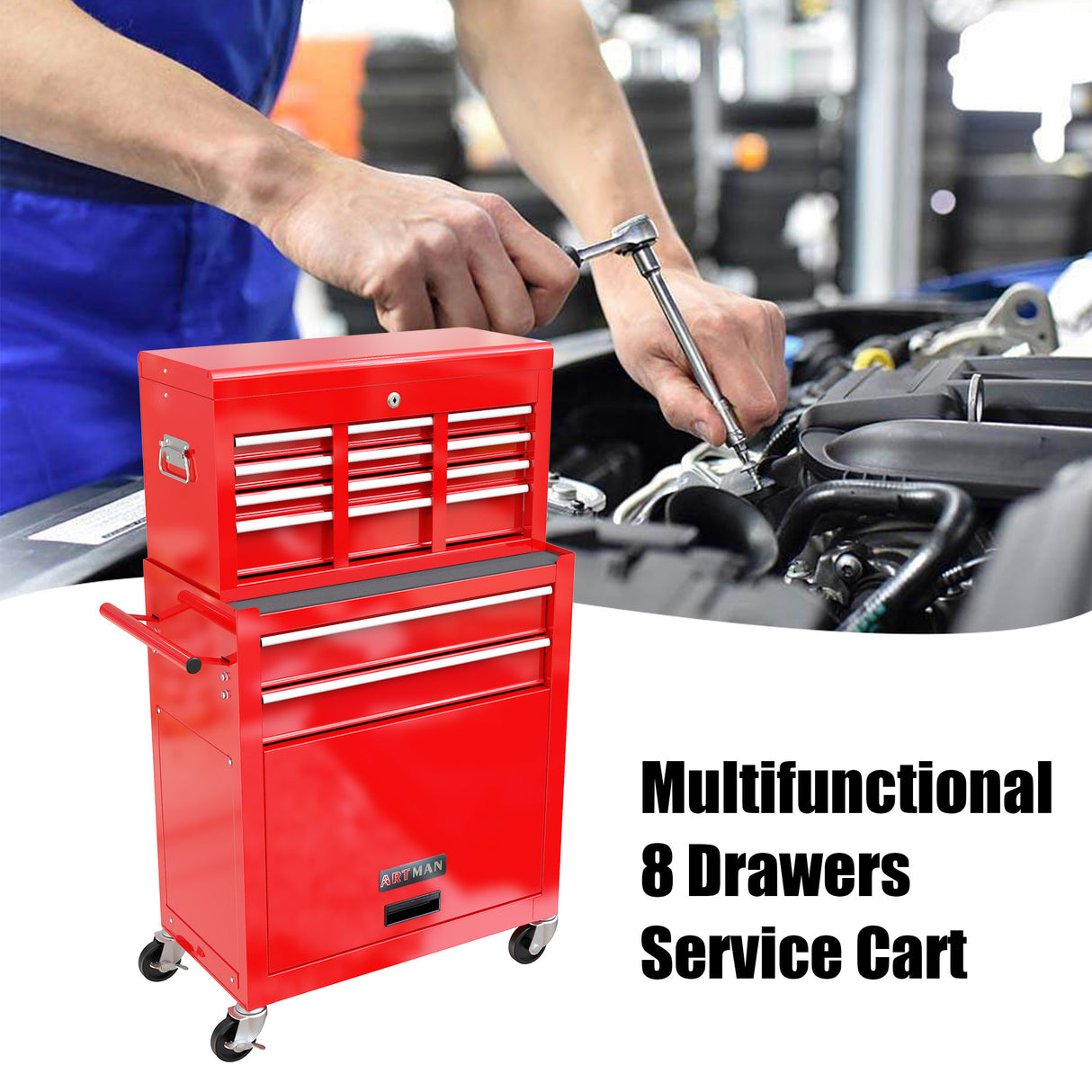 8-Drawer Tool Storage Cabinet High Capacity Rolling Chest with Wheels and Drawers Red