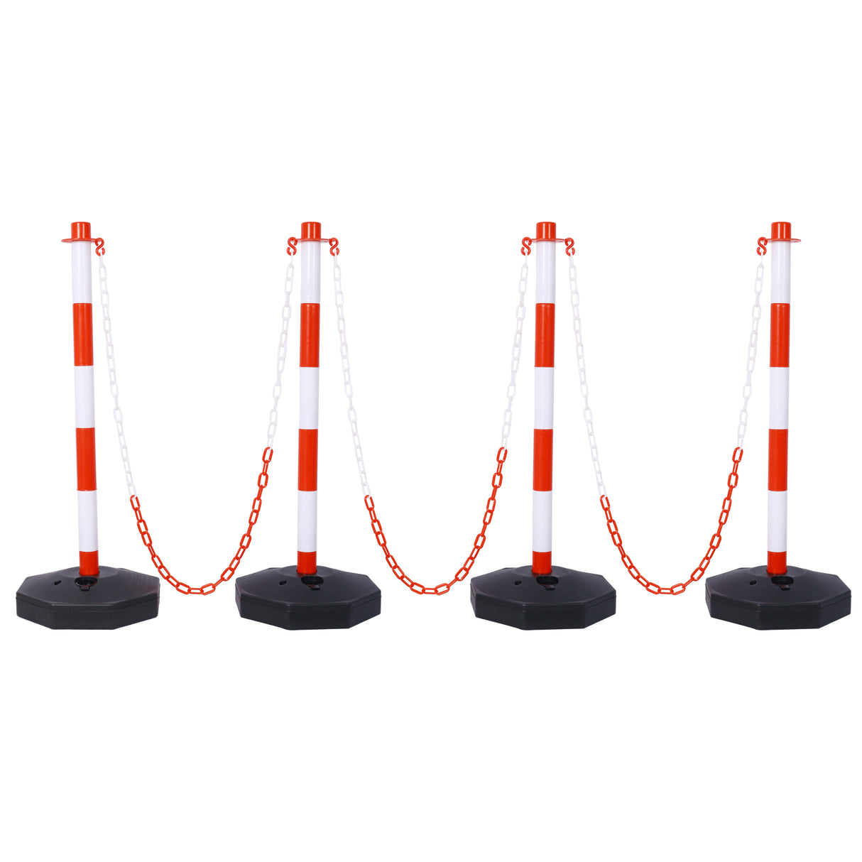 4 Pack Traffic Delineator Post Cones with Fillable Base Adjustable Safety Barrier with 5Ft Plastic Chain--White+Red