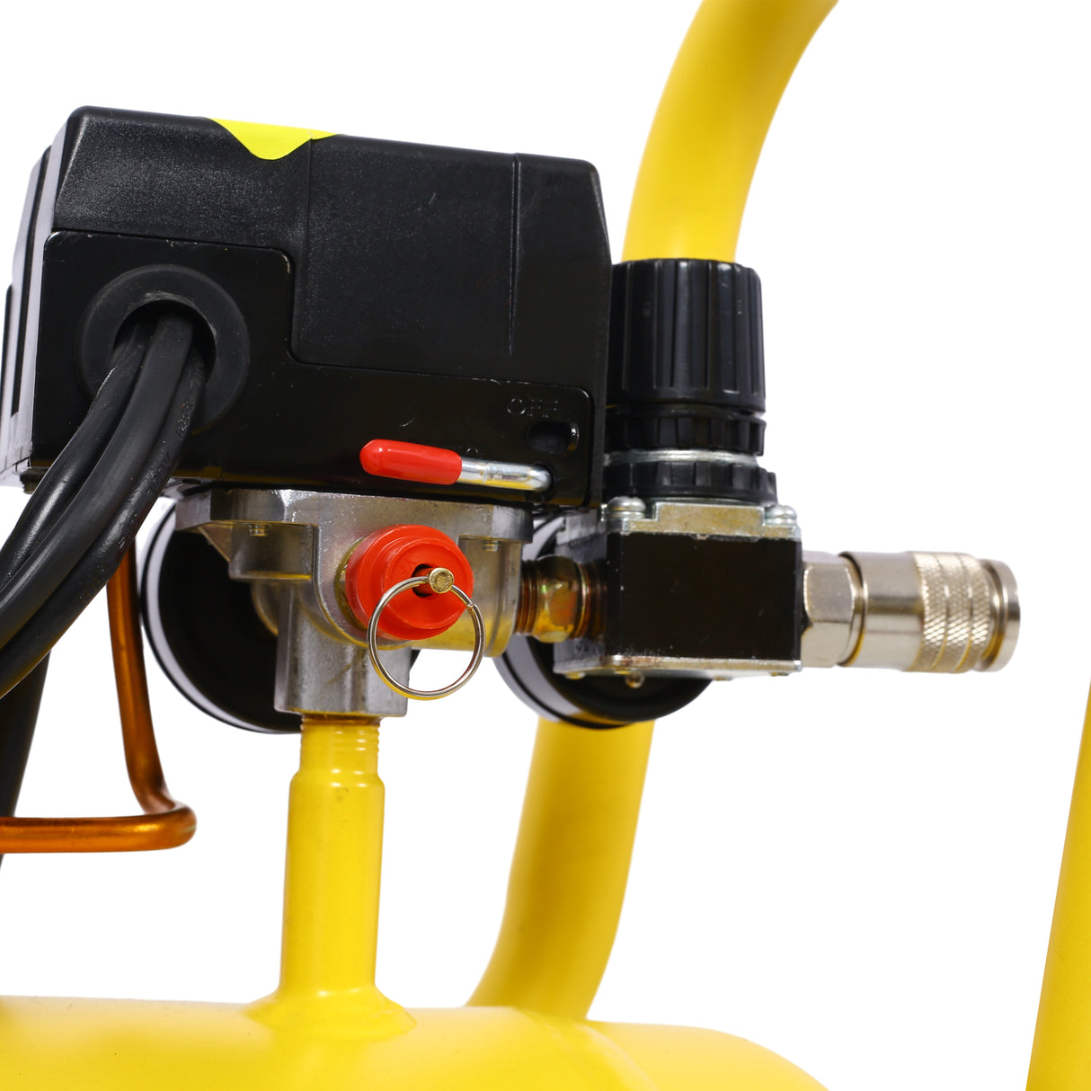 Compresor de aire silencioso de 2.5 hp 13 galones Tienda eléctrica sin aceite sin aceite Ligero con ruedas Nivel de ruido de 70 dba con válvula de drenaje automática amarillo