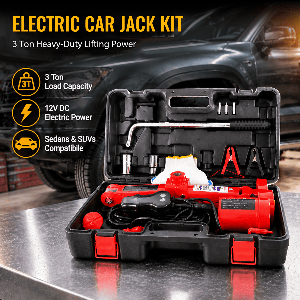 3Ton 12V Electric Car Scissor Jack Kit Heavy Duty Portable Auto Lift Floor Jack Roadside Emergency Tire Changing Tool for Sedans & SUVs - Fab Heavy Parts