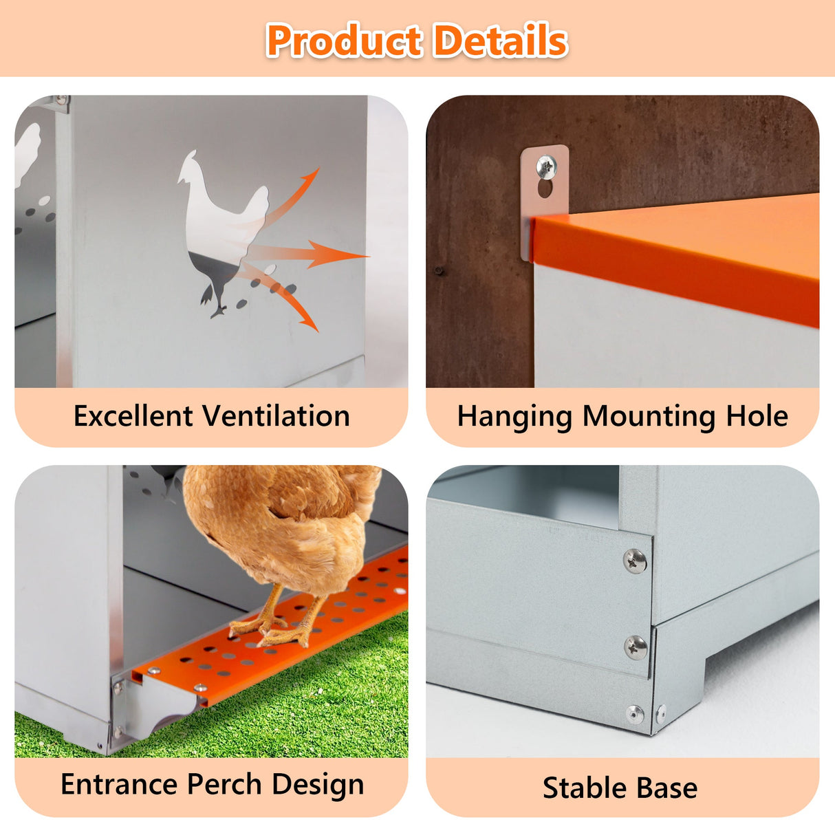 4 - Bay Metal Chicken Nesting Box Wall Mount Easy Egg Collection Vented Galvanized Steel - Orange - Fab Heavy Parts