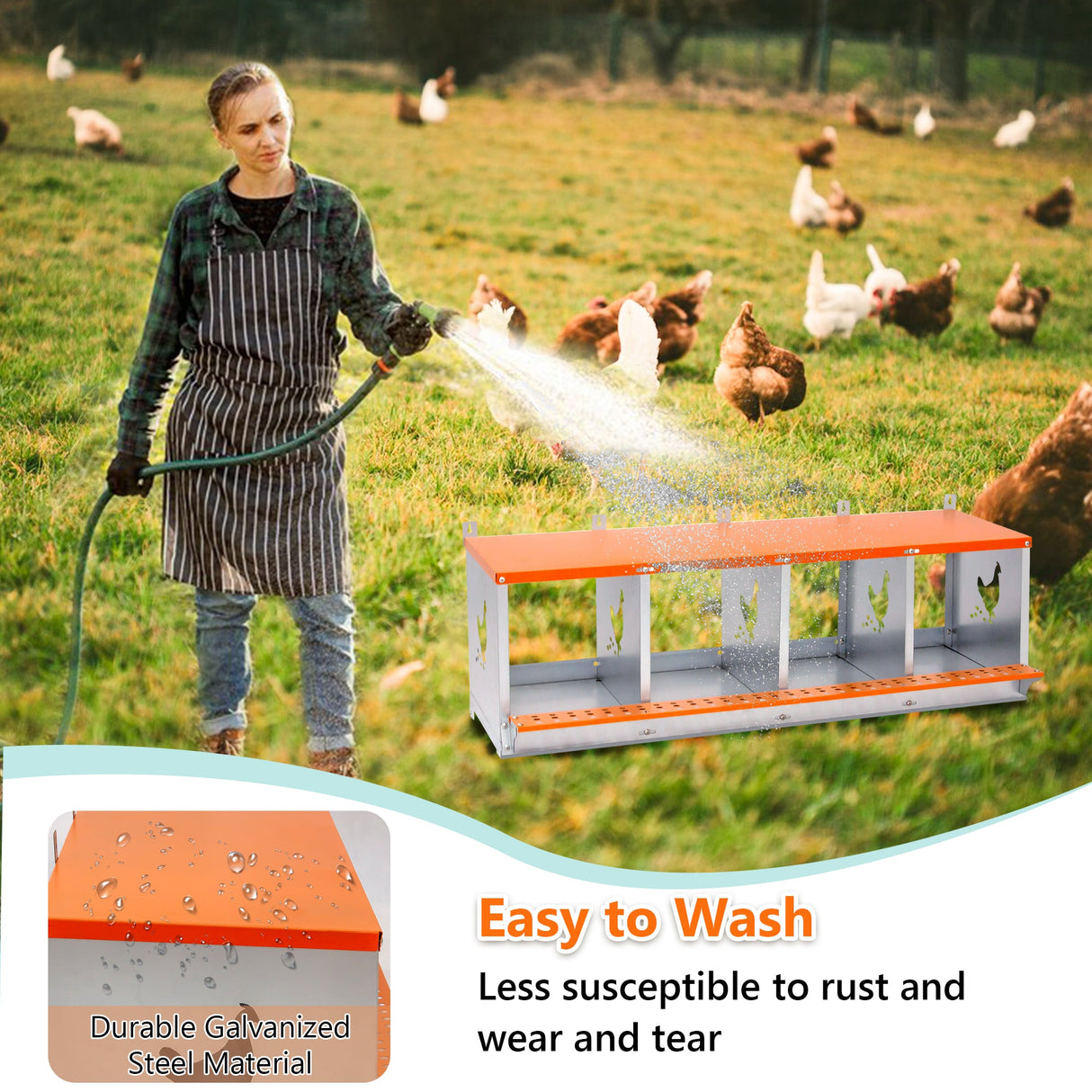 4 - Bay Metal Chicken Nesting Box Wall Mount Easy Egg Collection Vented Galvanized Steel - Orange - Fab Heavy Parts