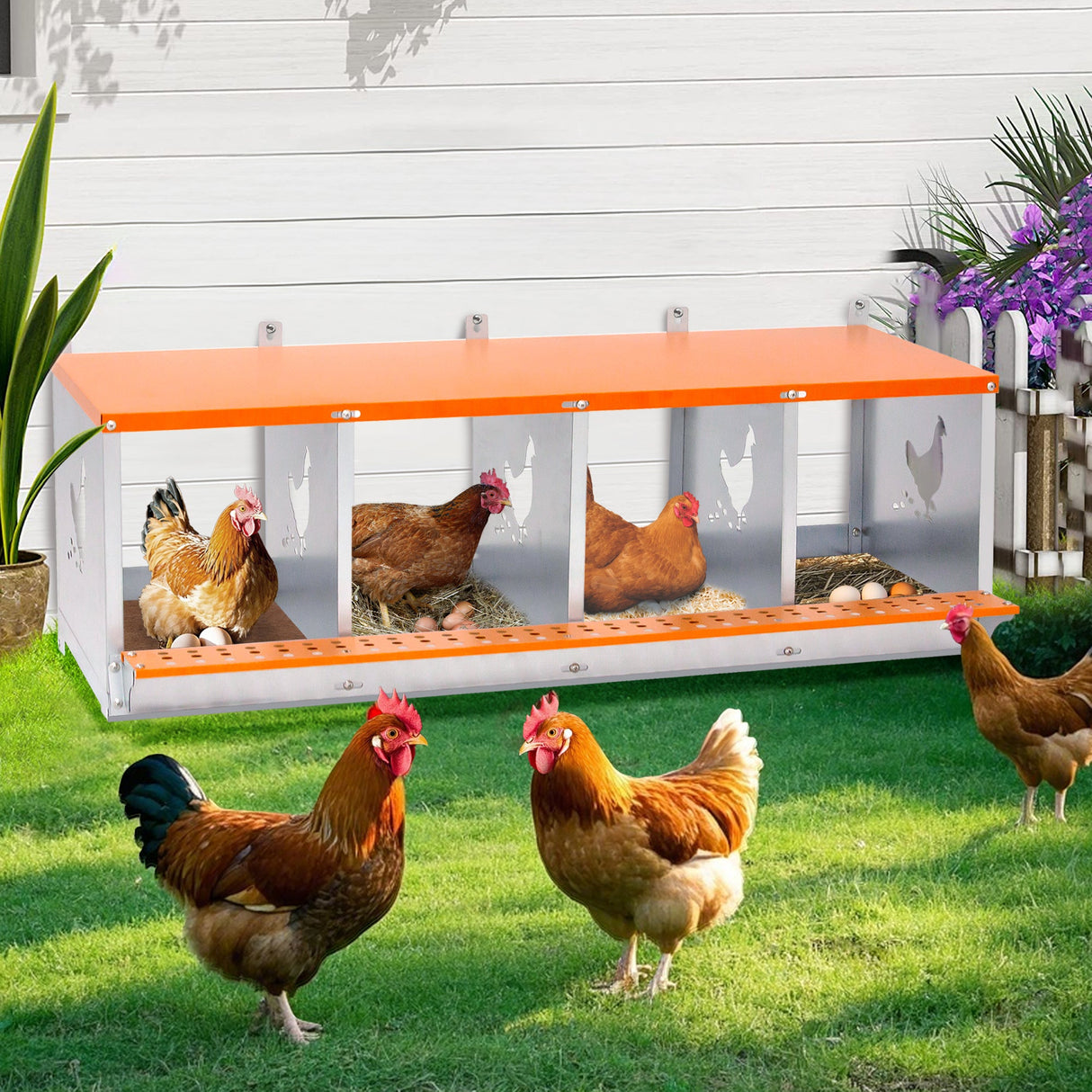 4 - Bay Metal Chicken Nesting Box Wall Mount Easy Egg Collection Vented Galvanized Steel - Orange - Fab Heavy Parts