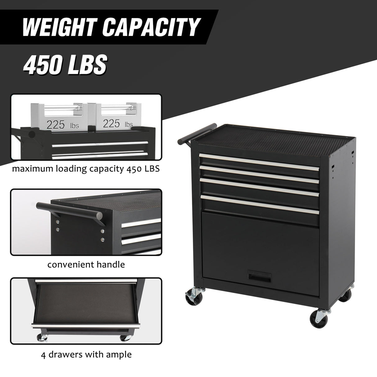 4 - Drawer Rolling Tool Chest Cabinet with 4 Wheels - Black - Fab Heavy Parts