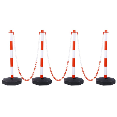 4 Pack Traffic Delineator Post Cones with Fillable Base Adjustable Safety Barrier with 5Ft Plastic Chain - White+Red - Fab Heavy Parts