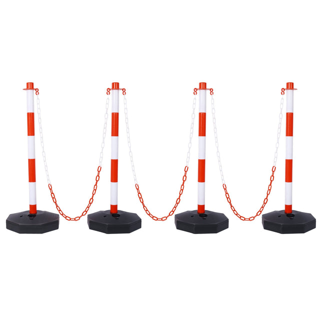 4 Pack Traffic Delineator Post Cones with Fillable Base Adjustable Safety Barrier with 5Ft Plastic Chain - White+Red - Fab Heavy Parts